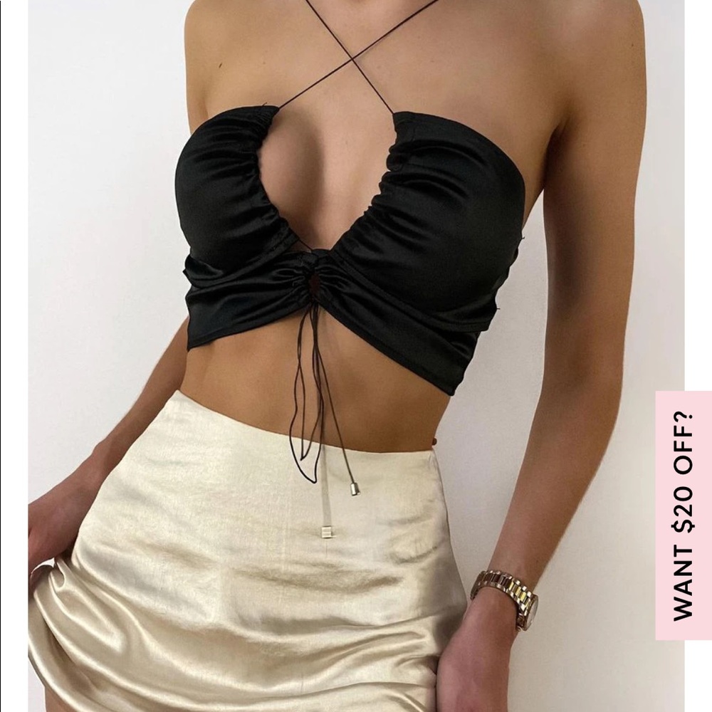 White fox black satin cross front top!